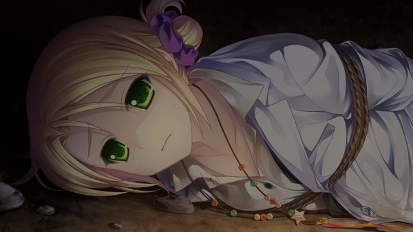 Anime picture 1920x1080 with & - sora no mukou de sakimasu you ni tsukasa mahori saeki hokuto highres short hair blonde hair wide image green eyes game cg lying girl shirt