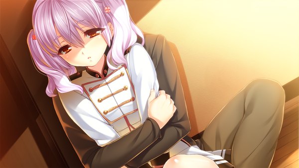 Anime picture 1280x720 with gun knight girl nanami renka sumeragi kohaku short hair red eyes wide image twintails game cg purple hair hug short twintails girl boy uniform military uniform