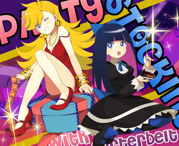 Anime picture 1408x1148 with panty & stocking with garterbelt anarchy stocking anarchy panty kippu long hair blue eyes blonde hair multiple girls purple hair nail polish one eye closed multicolored hair wink grin colored inner hair girl thighhighs dress bow 2 girls