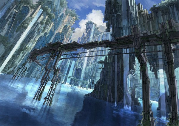 Anime picture 1300x920 with original k kanehira sky cloud (clouds) cityscape no people landscape ruins water building (buildings)