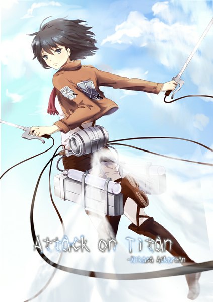 Anime picture 800x1135 with shingeki no kyojin production i.g mikasa ackerman hahahamu single tall image looking at viewer short hair black hair holding sky cloud (clouds) dual wielding girl weapon sword scarf knee boots coat of arms