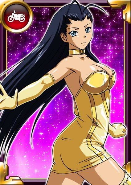 Anime picture 567x800 with ikkitousen kakouen myousai single long hair tall image looking at viewer breasts blue eyes light erotic black hair large breasts bare shoulders ahoge sparkle card (medium) girl gloves elbow gloves