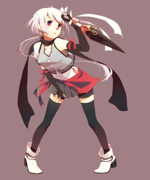Anime picture 1500x1800 with original pietani 397 single long hair tall image looking at viewer blush short hair simple background red eyes bare shoulders white hair brown background girl thighhighs ribbon (ribbons) weapon black thighhighs detached sleeves boots