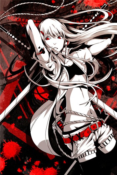 Anime picture 1251x1869 with original ! (pixiv3637410) single long hair tall image looking at viewer fringe open mouth red eyes tattoo polychromatic girl thighhighs hair ornament weapon sword jacket shorts belt hairclip