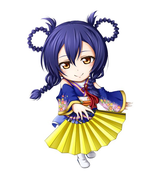 Anime picture 1303x1432 with love live! school idol project sunrise (studio) love live! sonoda umi kuena single long hair tall image looking at viewer simple background smile white background brown eyes blue hair braid (braids) chibi girl dress fan