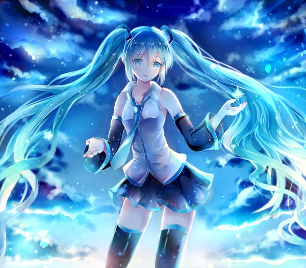 Anime picture 1800x1582 with vocaloid hatsune miku iceblue single blush fringe highres open mouth blue eyes hair between eyes standing twintails bare shoulders looking away sky cloud (clouds) very long hair pleated skirt aqua hair night