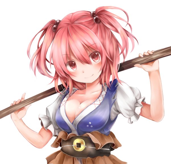 Anime picture 1064x1020 with touhou onozuka komachi chikuwa savi single looking at viewer breasts light erotic smile large breasts white background pink hair cleavage red hair pink eyes short sleeves two side up puffy sleeves girl hair ornament weapon
