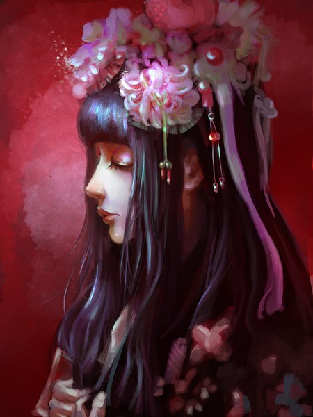 Anime picture 1200x1600 with original ranzhi single long hair tall image fringe black hair simple background eyes closed traditional clothes profile red background girl ribbon (ribbons) headdress