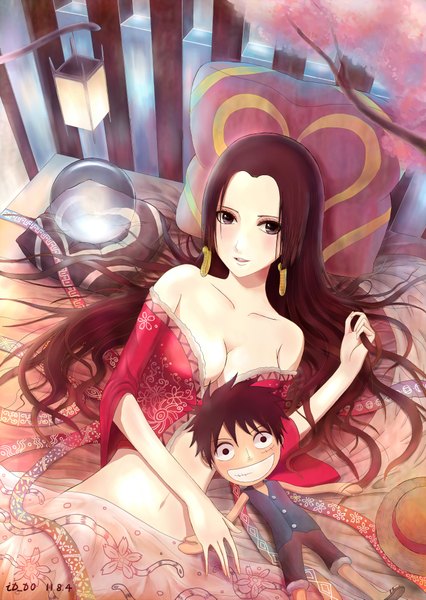 Anime picture 2820x3969 with one piece toei animation monkey d. luffy boa hancock tagme (artist) long hair tall image looking at viewer blush highres breasts open mouth light erotic black hair smile large breasts traditional clothes fingernails black eyes no bra