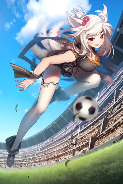 Anime picture 1000x1500 with original rheez (artist) single tall image blush short hair open mouth red eyes animal ears sky cloud (clouds) white hair hair flower football girl thighhighs hair ornament flower (flowers) white thighhighs