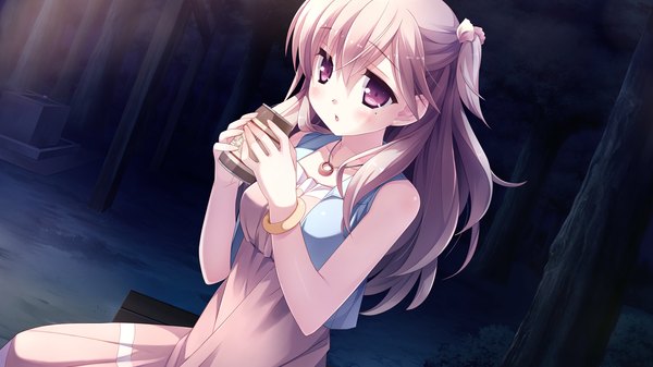 Anime picture 1920x1080 with kurano kun chi no futago jijou kurano izumi kanekiyo miwa single long hair blush highres brown hair wide image purple eyes game cg girl dress plant (plants) tree (trees) bracelet pendant