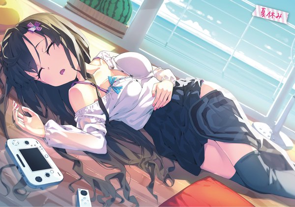 Anime picture 2270x1600 with class no gal to game jikkou peragura single long hair highres breasts open mouth light erotic black hair sky indoors lying eyes closed nail polish pleated skirt fingernails off shoulder open clothes official art dutch angle
