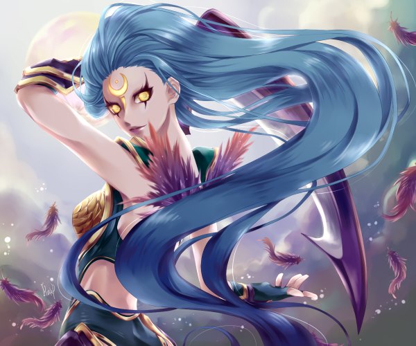 Anime picture 1200x1000 with league of legends diana (league of legends) kakip (pixiv id5488229) yellow eyes blue hair very long hair facial mark girl gloves weapon moon feather (feathers)