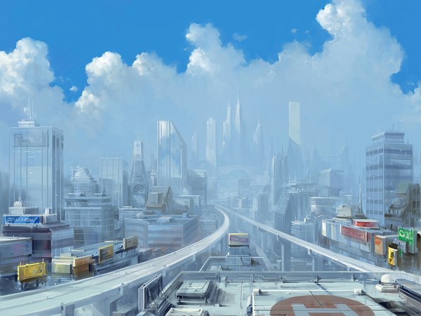 Anime picture 1100x825 with original paperblue cloud (clouds) wallpaper city cityscape panorama building (buildings) road