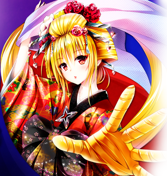 Anime picture 1484x1562 with toloveru toloveru darkness xebec konjiki no yami yabuki kentarou single tall image looking at viewer fringe blonde hair red eyes very long hair traditional clothes japanese clothes hair flower official art lipstick floral print red lipstick girl
