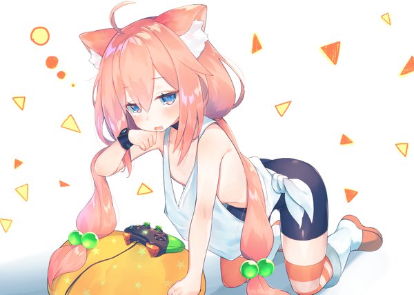 Anime picture 1119x800 with virtual youtuber hinata channel nekomiya hinata suzuho hotaru single long hair looking at viewer blush fringe open mouth blue eyes light erotic simple background hair between eyes twintails animal ears pink hair full body ahoge cat ears