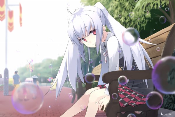 Anime picture 2001x1347 with plastic memories isla (plastic memories) makadamia long hair looking at viewer fringe highres smile red eyes sitting twintails signed payot sky silver hair ahoge long sleeves leaning wallpaper leaning forward