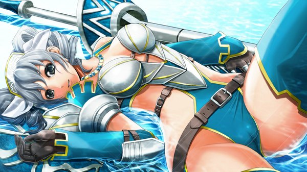 Anime picture 1067x600 with monster hunter v-mag single breasts light erotic wide image silver hair silver eyes girl weapon water belt armor jewelry