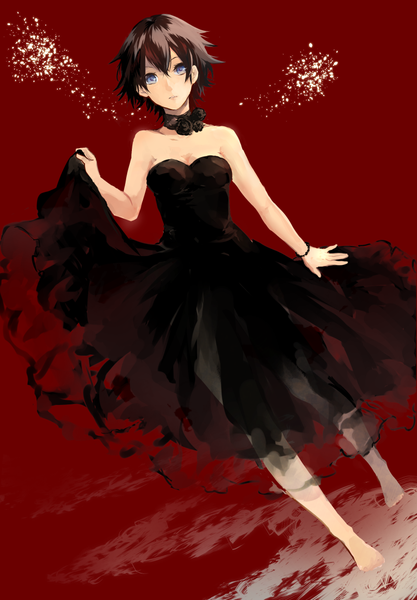 Anime picture 800x1150 with original kei (k tmr) single tall image looking at viewer short hair blue eyes black hair simple background red background girl dress choker
