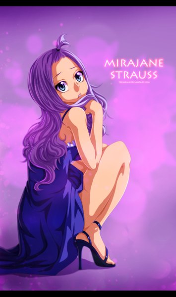 Anime picture 900x1518 with fairy tail mirajane strauss tremblax single long hair tall image looking at viewer blue eyes bare shoulders purple hair looking back inscription character names coloring letterboxed squat girl dress