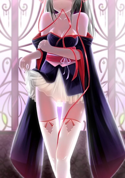 Anime picture 1728x2460 with machine-doll wa kizutsukanai yaya (machine-doll) brianchan.t.w single long hair tall image highres breasts light erotic black hair bare shoulders holding traditional clothes japanese clothes thigh gap mouth hold head out of frame ribbon in mouth no face girl