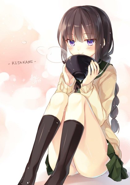 Anime picture 776x1105 with kantai collection kitakami light cruiser toosaka asagi single long hair tall image looking at viewer blush fringe light erotic black hair smile purple eyes braid (braids) inscription character names smoke girl skirt uniform