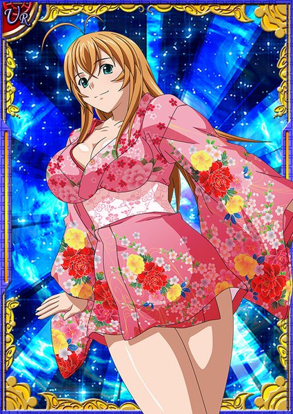 Anime picture 567x800 with ikkitousen sonsaku hakufu single long hair tall image fringe breasts light erotic blonde hair smile hair between eyes large breasts green eyes ahoge from below floral print card (medium) girl