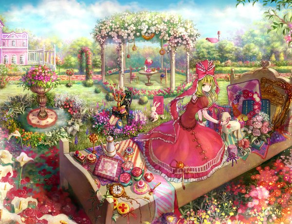 Anime picture 1000x770 with touhou kagiyama hina anko kinako single long hair looking at viewer green eyes green hair girl dress flower (flowers) bow plant (plants) hair bow animal tree (trees) food sweets pillow rose (roses)