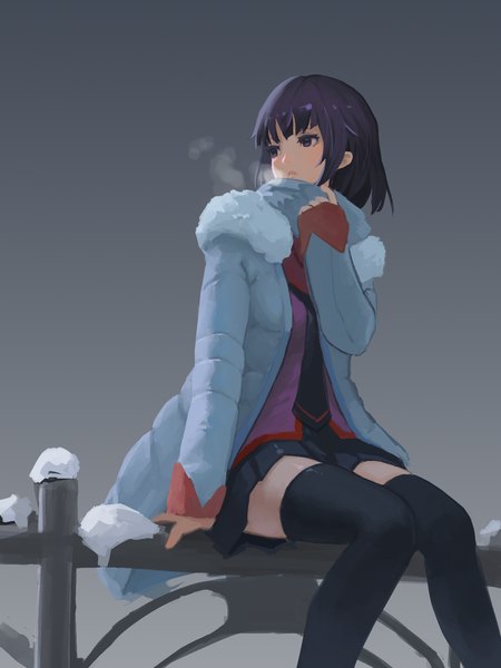 Anime picture 1200x1600 with bakemonogatari shaft (studio) monogatari (series) senjougahara hitagi hcho single tall image short hair blue eyes looking away purple hair girl thighhighs skirt uniform black thighhighs school uniform necktie jacket