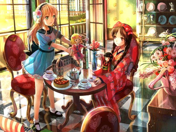 Anime picture 1600x1200 with original fuzichoco black hair blonde hair smile red eyes multiple girls green eyes braid (braids) japanese clothes twin braids checkered floor cropped see-through silhouette girl flower (flowers) bow 2 girls hair bow belt