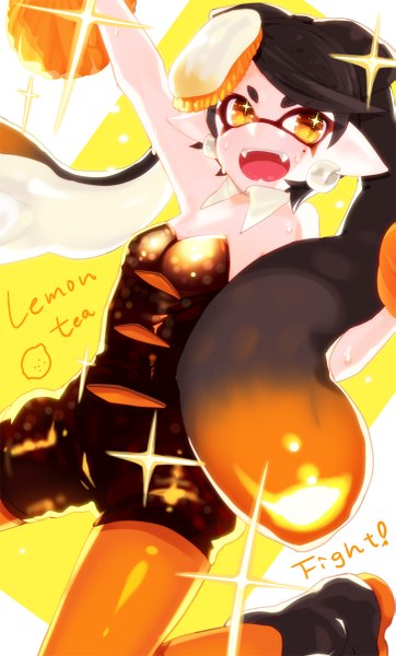 Anime picture 725x1200 with splatoon nintendo aori (splatoon) etsuo single tall image short hair open mouth black hair bare shoulders looking away arm up mole teeth orange eyes fang (fangs) mole under eye text eyebrows english