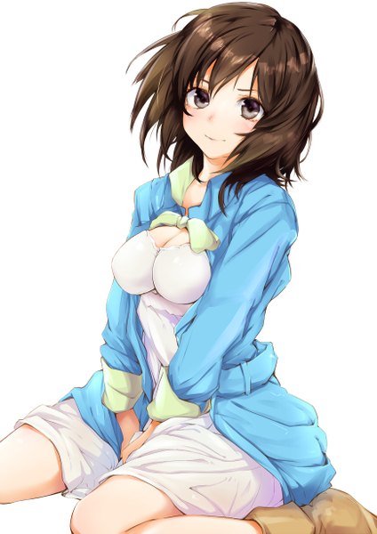 Anime picture 867x1227 with original kiriyama single long hair tall image looking at viewer blush breasts simple background brown hair white background sitting cleavage light smile grey eyes wariza between legs girl dress boots