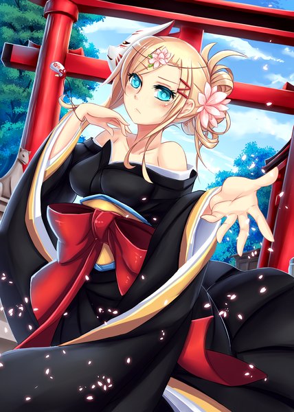 Anime picture 1920x2688 with original sekigan single long hair tall image blush highres blue eyes blonde hair bare shoulders japanese clothes hair flower mask on head girl hair ornament bow petals kimono hairclip obi