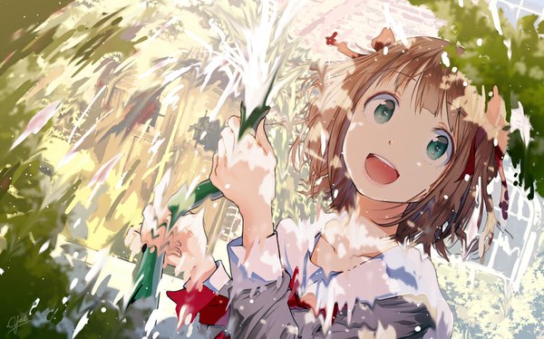 Anime picture 885x552 with idolmaster amami haruka yae (mono110) single fringe short hair open mouth brown hair wide image holding aqua eyes sunlight happy close-up girl bow hair bow water window leaf (leaves)
