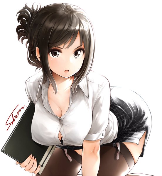 Anime picture 1884x2048 with nande koko ni sensei ga!? kojima kana soborou single long hair tall image looking at viewer fringe highres breasts open mouth light erotic black hair simple background hair between eyes large breasts white background holding signed payot