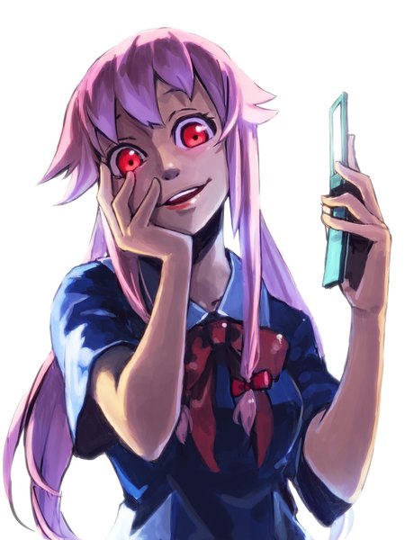 Anime picture 750x1000 with mirai nikki gasai yuno holysnow single long hair tall image looking at viewer open mouth simple background smile red eyes white background pink hair hand on face yandere trance girl uniform school uniform phone