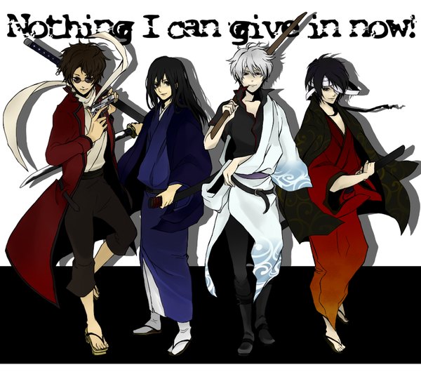 Anime picture 1024x922 with gintama sunrise (studio) sakata gintoki takasugi shinsuke katsura kotarou sakamoto tatsuma baguri long hair short hair black hair smile red eyes brown hair purple eyes brown eyes silver hair purple hair japanese clothes clothes on shoulders weapon over shoulder