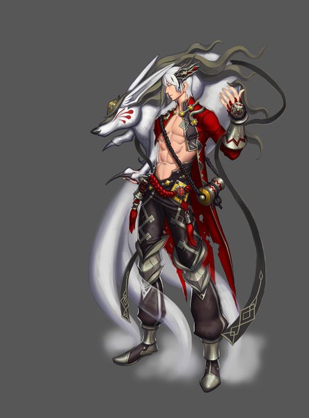 Anime picture 1500x2025 with dubu single tall image short hair simple background yellow eyes white hair grey background muscle boy navel hair ornament ribbon (ribbons) animal armor claws rope fox