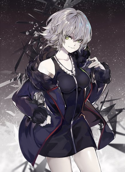 Anime picture 728x1000 with fate (series) fate/grand order jeanne d'arc (fate) (all) jeanne d'arc alter (fate) saberiii single tall image fringe short hair hair between eyes standing green eyes looking away silver hair long sleeves light smile off shoulder open jacket fur trim hand on hip