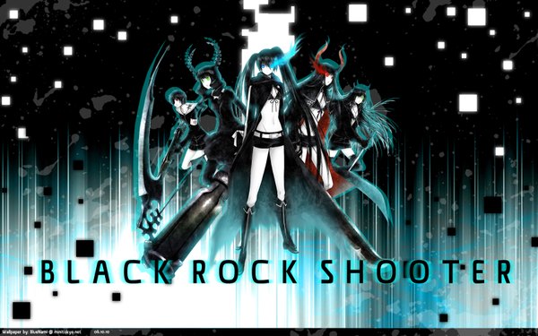 Anime picture 1680x1050 with black rock shooter black rock shooter (character) dead master black gold saw black devil girl black matagi wide image multiple girls horn (horns) glowing glowing eye (eyes) girl weapon boots gun 5 girls