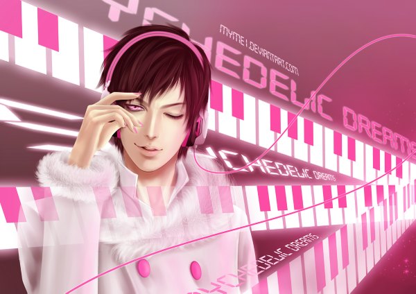 Anime picture 1200x849 with durarara!! brains base (studio) psychedelic dreams orihara izaya myme1 single short hair brown hair nail polish one eye closed pink eyes lips wink realistic inscription transparent boy headphones fur wire (wires)