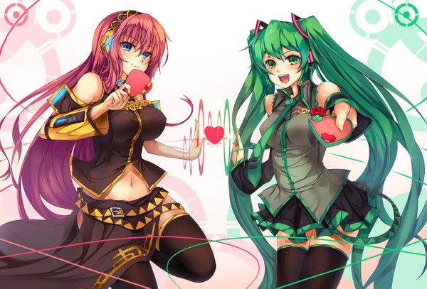 Anime picture 1218x827 with vocaloid hatsune miku megurine luka sola (sola04) looking at viewer blush open mouth blue eyes smile twintails multiple girls green eyes pink hair very long hair green hair girl thighhighs navel black thighhighs 2 girls