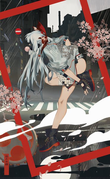 Anime picture 700x1134 with touhou fujiwara no mokou coralstone single long hair tall image fringe light erotic standing holding sky silver hair full body bent knee (knees) ass outdoors nail polish profile wind open clothes