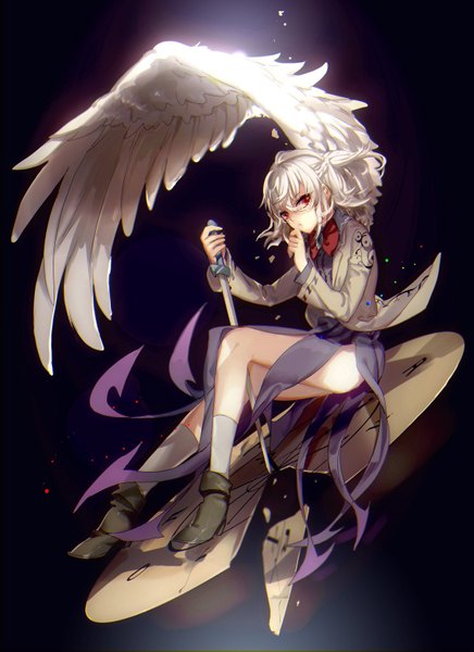 Anime picture 1200x1649 with touhou kishin sagume no-kan single tall image short hair simple background red eyes sitting looking away full body white hair ponytail legs dark background albino single wing girl weapon sword