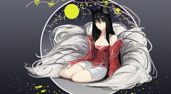 Anime picture 1126x621 with league of legends ahri (league of legends) g q single long hair looking at viewer fringe breasts black hair simple background smile wide image large breasts sitting bare shoulders animal ears yellow eyes looking away bent knee (knees) tail