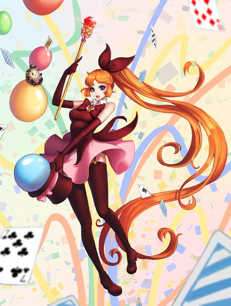Anime picture 1000x1325 with ango single tall image open mouth blue eyes ponytail very long hair orange hair girl thighhighs dress gloves bow black thighhighs hair bow hat elbow gloves card (cards) balloon