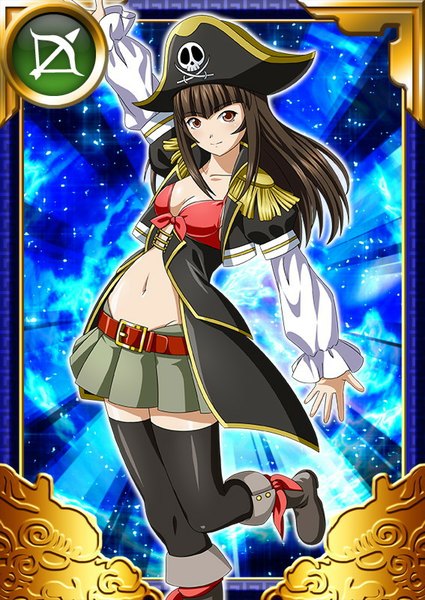 Anime picture 567x800 with ikkitousen teni single long hair tall image looking at viewer brown hair brown eyes card (medium) pirate girl thighhighs skirt navel black thighhighs hat miniskirt pirate hat