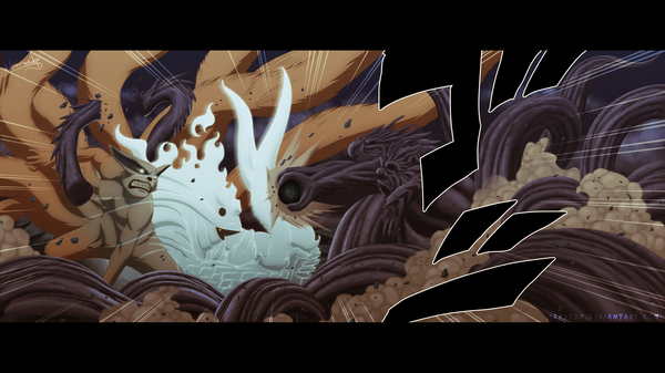 Anime picture 2500x1406 with naruto studio pierrot naruto (series) kurama (kyuubi) marxedp highres wide image yellow eyes cloud (clouds) tail night night sky grin coloring letterboxed multiple tails angry battle demon blank eyes