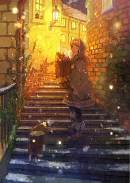 Anime picture 700x991 with original pon-marsh long hair tall image blush fringe blonde hair smile standing holding looking back night night sky city light snowing winter smoke snow cityscape