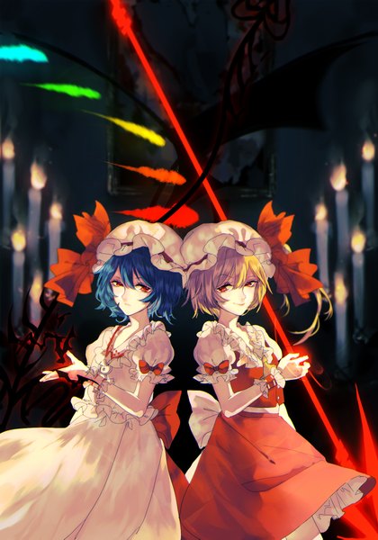 Anime picture 1400x2000 with touhou flandre scarlet remilia scarlet tian (my dear) tall image looking at viewer fringe short hair blonde hair smile red eyes blue hair puffy sleeves one side up siblings sisters dress weapon wings frills